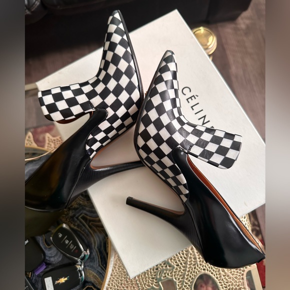 Celine women pointed pumps check printed leather shoes - Picture 1 of 10